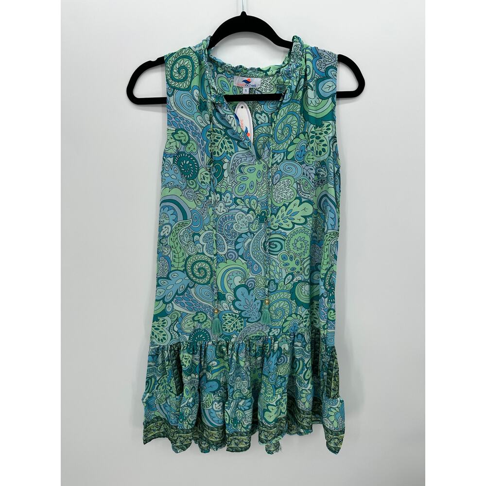 Sunnyoceans Womens Paisley Silk Blend Swim Coverup Sz S‎ Blue Green Retro Ruffle